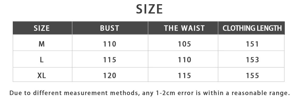 A size chart table in Chinese and English showing measurements for sizes M, L, and XL, including chest, waist, and clothing length.