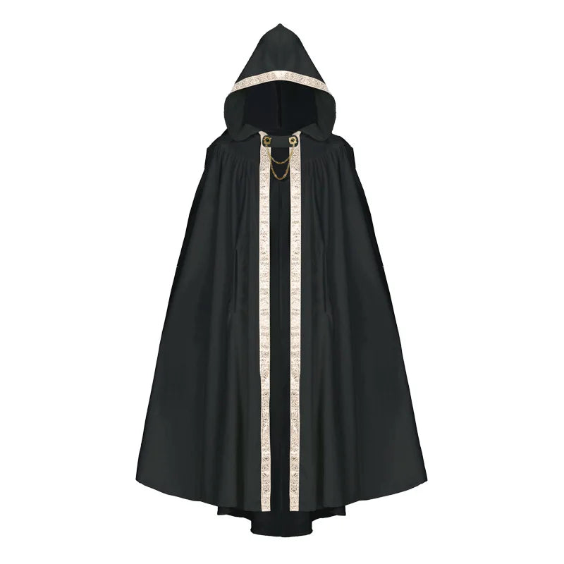 Premium Unisex Medieval Hooded Elven Cloak – Royal Embroidered Velvet Trim Cape with Jeweled Brooch