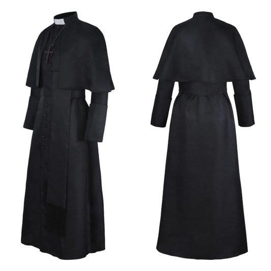 Men's Traditional Roman Catholic Clergy Cassock Robe Set – Complete Liturgical Vestment with Shoulder Cape, Cincture Belt, and Cross Pendant