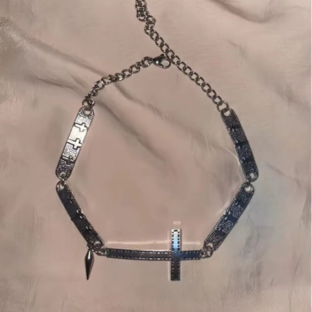 Vintage Punk Choker Necklace Grunge Rock Silver Hip Hop Necklace New Y2K Spliced Cross Necklace Fashion Jewelry
