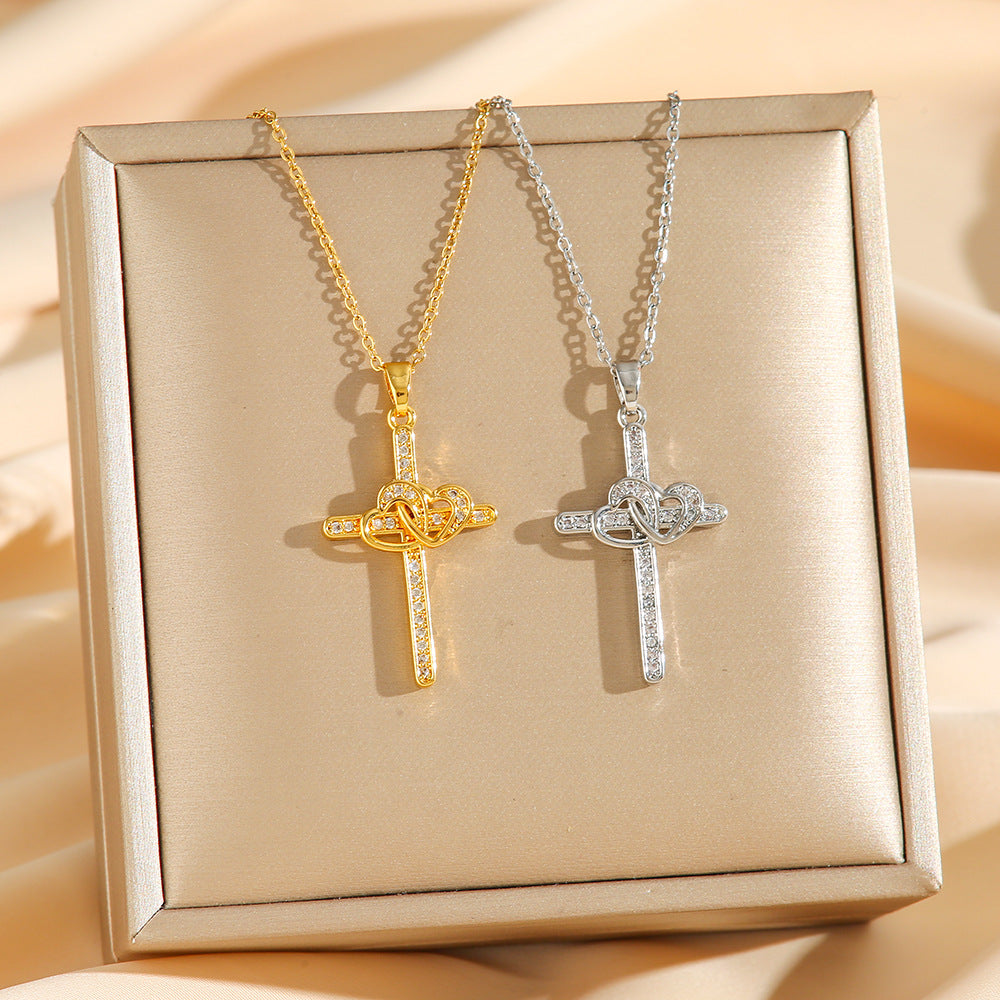 Cross Double Ring Love Heart Necklace