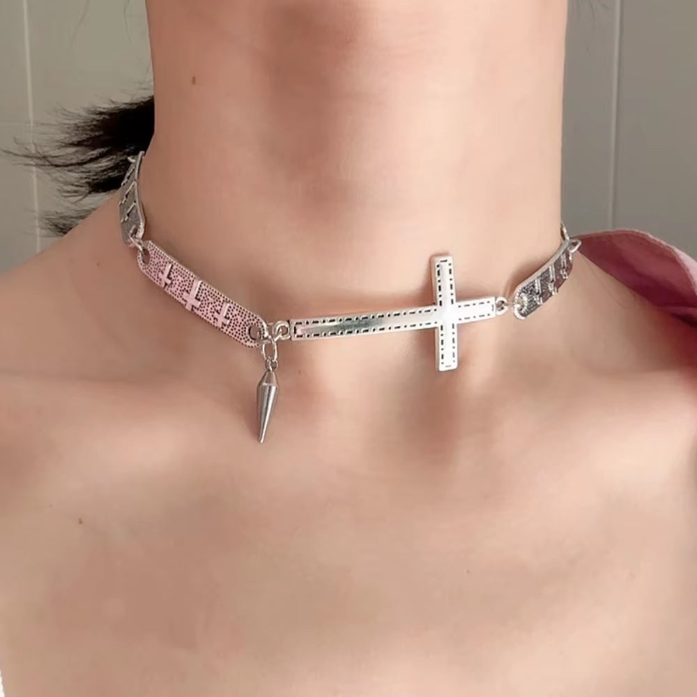 Vintage Punk Choker Necklace Grunge Rock Silver Hip Hop Necklace New Y2K Spliced Cross Necklace Fashion Jewelry