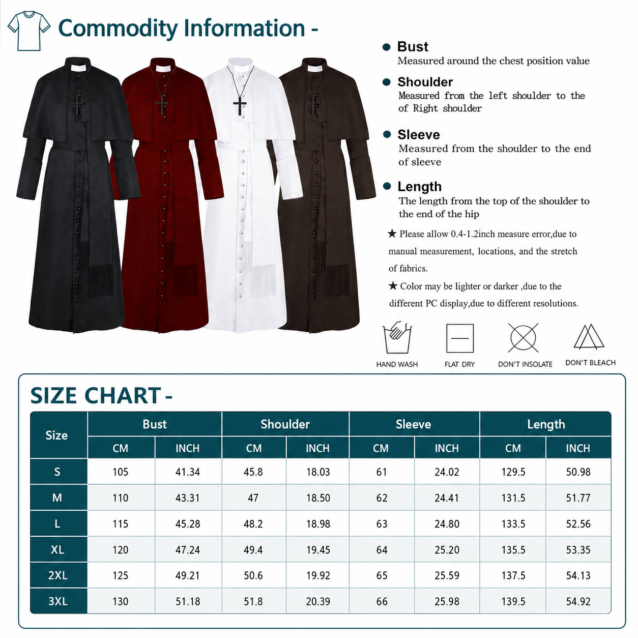 Clergy Cassock Robe Set — Complete Liturgical Vestment with Shoulder Cape, Cincture Belt, and Cross Pendant