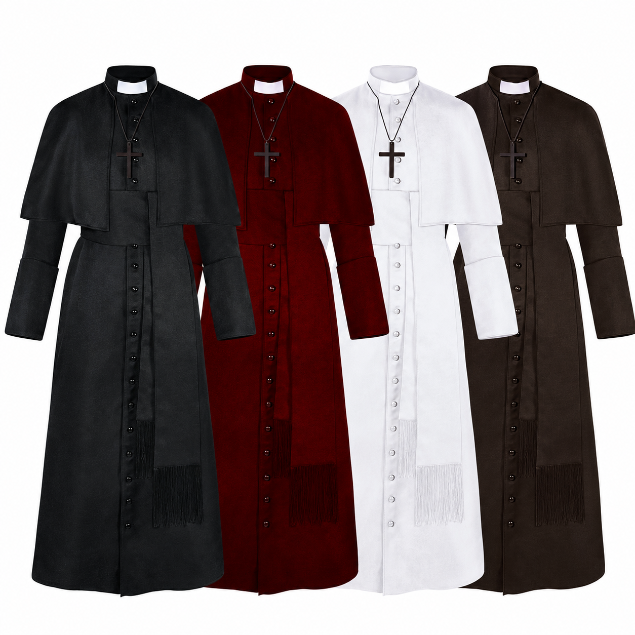 Clergy Cassock Robe Set — Complete Liturgical Vestment with Shoulder Cape, Cincture Belt, and Cross Pendant
