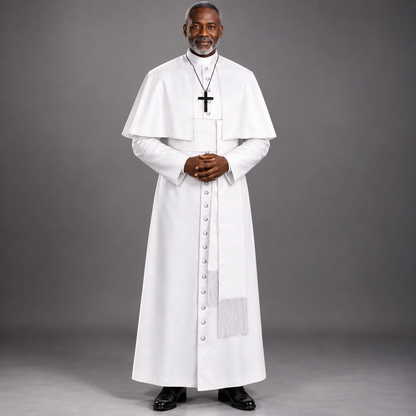 A man wearing a white priestly robe with a black cross necklace, standing against a solid gray studio background.
