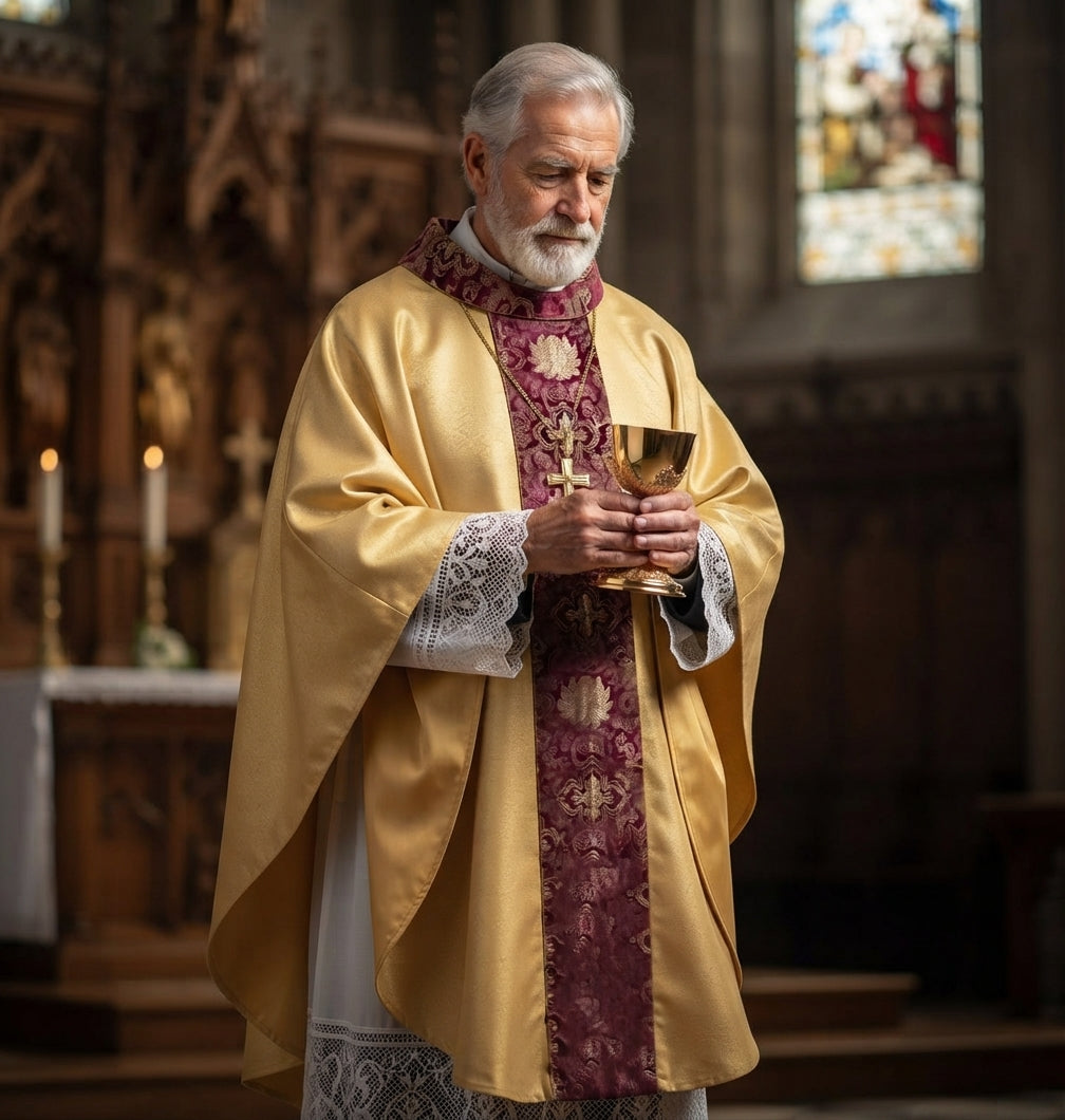 Chasuble Vestment Set — Metallic Jacquard Mass Gown with Cowl Neck and Fringed Stole