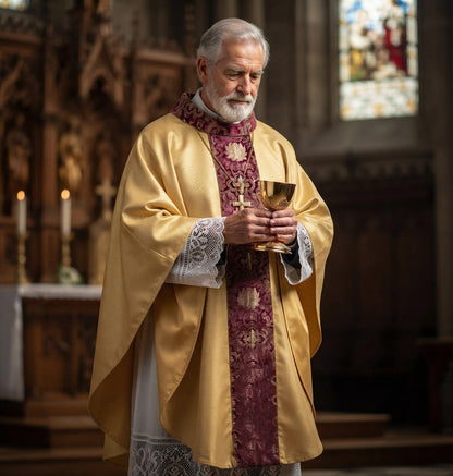 Chasuble Vestment Set — Metallic Jacquard Mass Gown with Cowl Neck and Fringed Stole