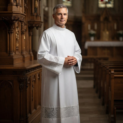 Alb Cassock Vestment Set — Premium Clergy Robe with Guipure Lace Inserts