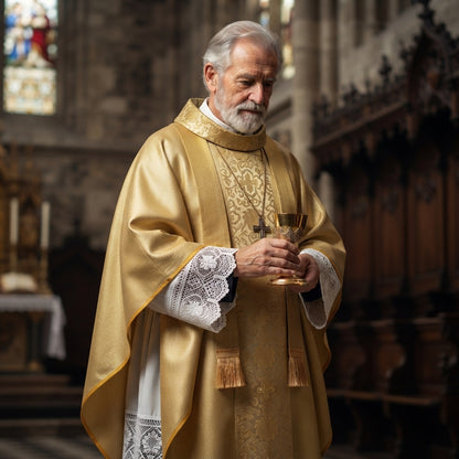 Chasuble Vestment Set — Metallic Jacquard Mass Gown with Cowl Neck and Fringed Stole