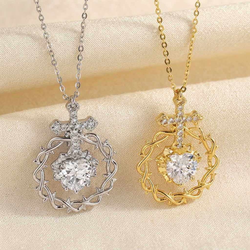 Sacred Heart Thorn Cross Pendant Necklace