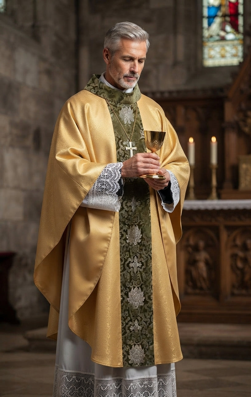 Chasuble Vestment Set — Metallic Jacquard Mass Gown with Cowl Neck and Fringed Stole