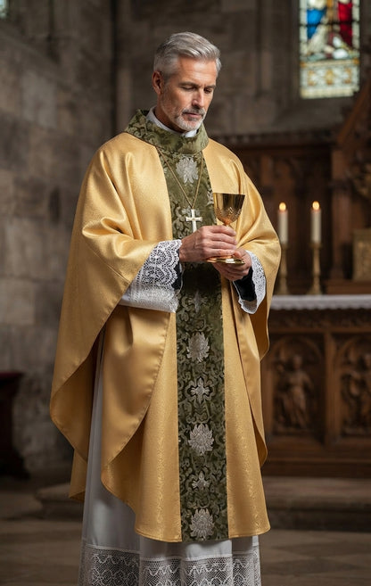 Chasuble Vestment Set — Metallic Jacquard Mass Gown with Cowl Neck and Fringed Stole