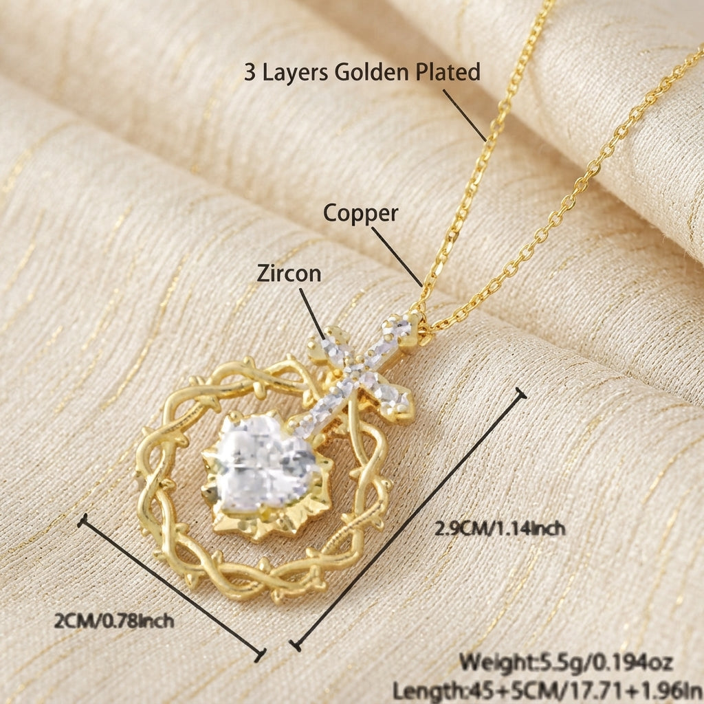 Sacred Heart Thorn Cross Pendant Necklace