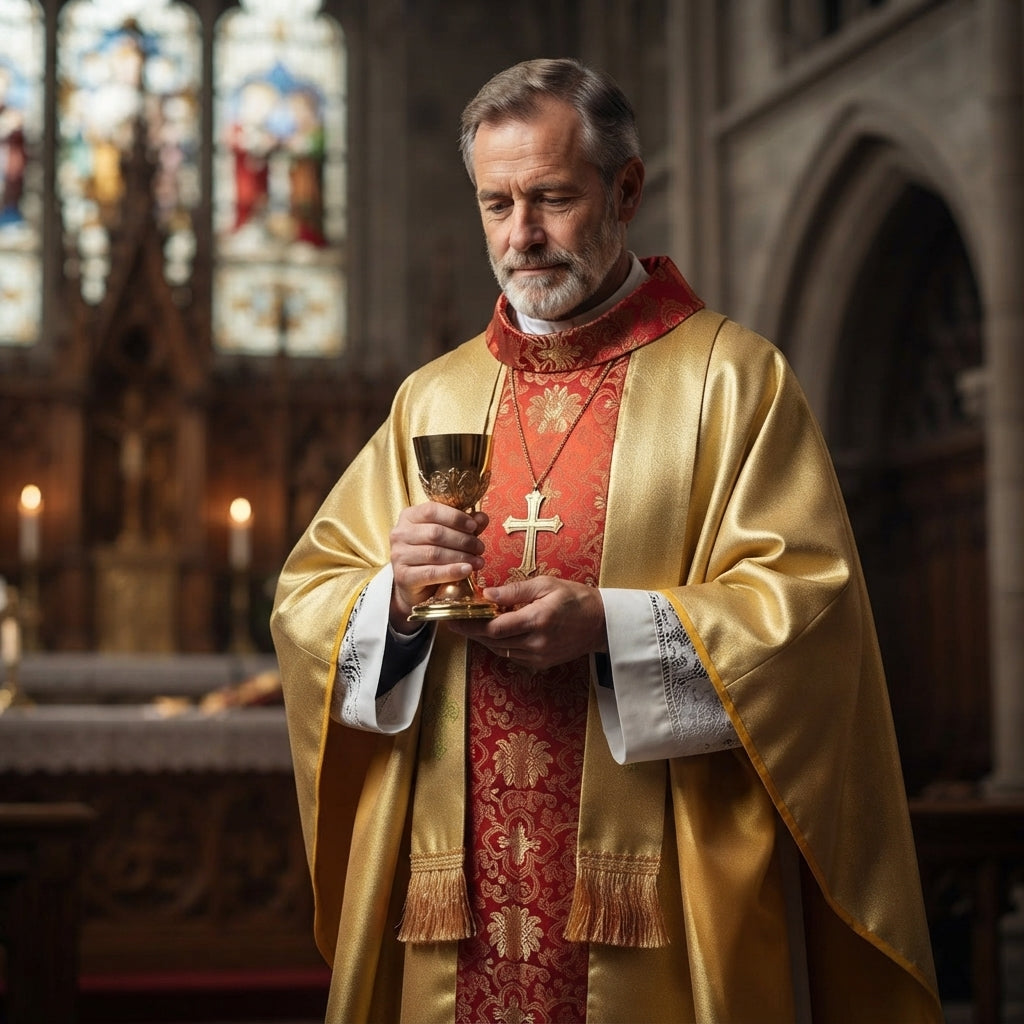 Chasuble Vestment Set — Metallic Jacquard Mass Gown with Cowl Neck and Fringed Stole