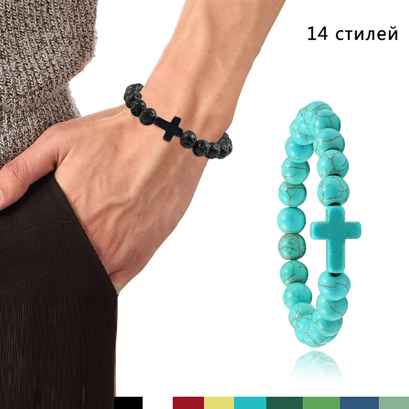 Natural Stone Cross Beaded Bracelet