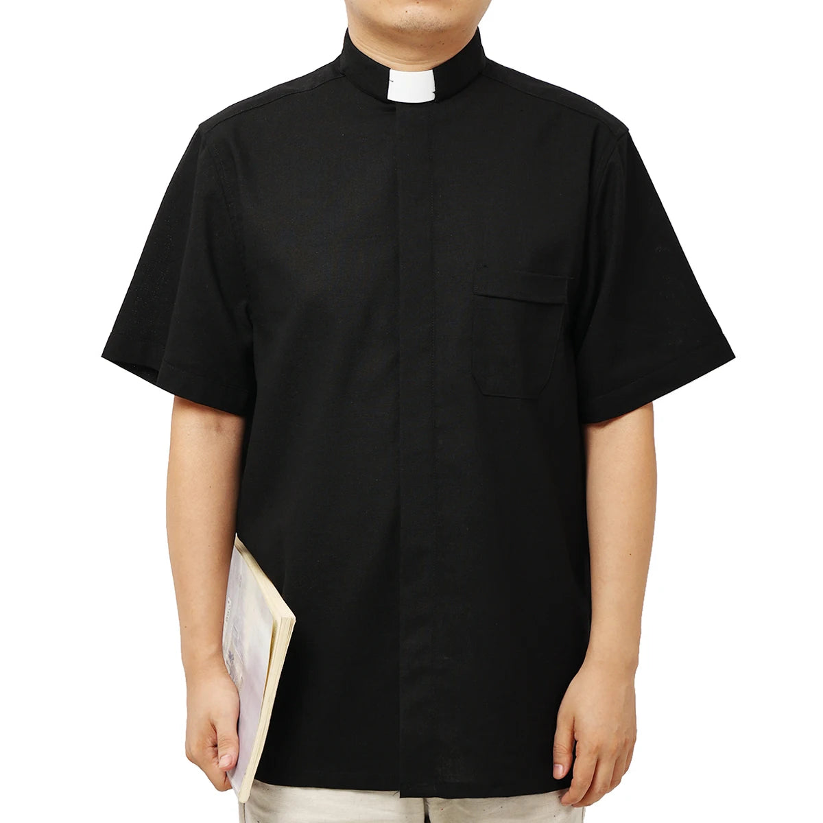 Men's Broadcloth Short Sleeve Clergy Tab-Collar Shirt – Lightweight Minister Uniform Top