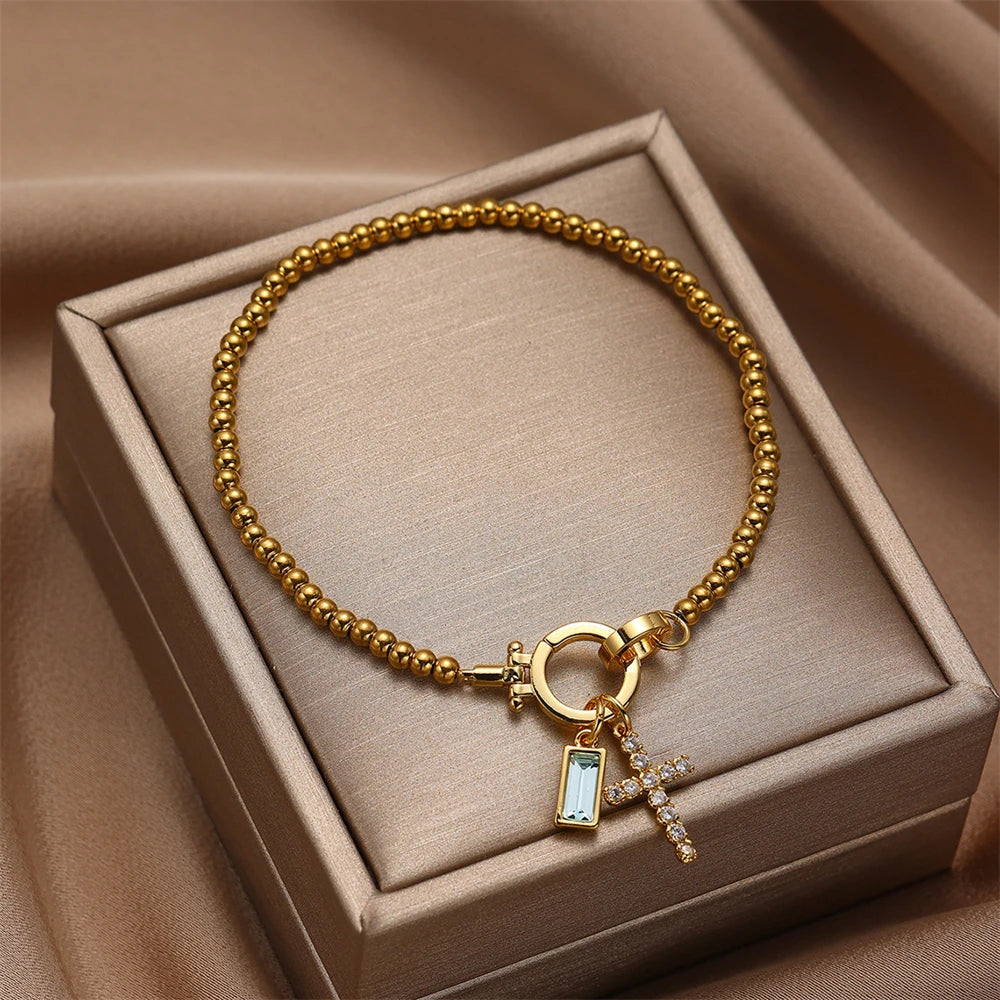 Vintage Cross Birthstone Charm Bracelet — 18K Gold Plated