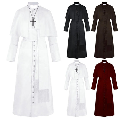 Men's Traditional Roman Catholic Clergy Cassock Robe Set – Complete Liturgical Vestment with Shoulder Cape, Cincture Belt, and Cross Pendant