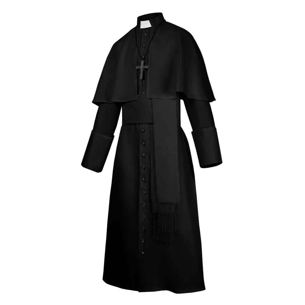 Men's Traditional Roman Catholic Clergy Cassock Robe Set – Complete Liturgical Vestment with Shoulder Cape, Cincture Belt, and Cross Pendant