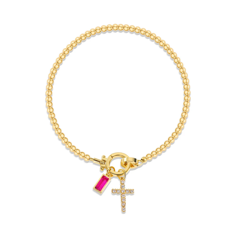 Vintage Cross Birthstone Charm Bracelet — 18K Gold Plated