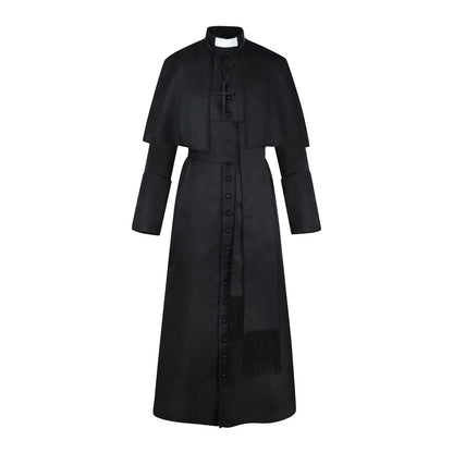 Men's Traditional Roman Catholic Clergy Cassock Robe Set – Complete Liturgical Vestment with Shoulder Cape, Cincture Belt, and Cross Pendant