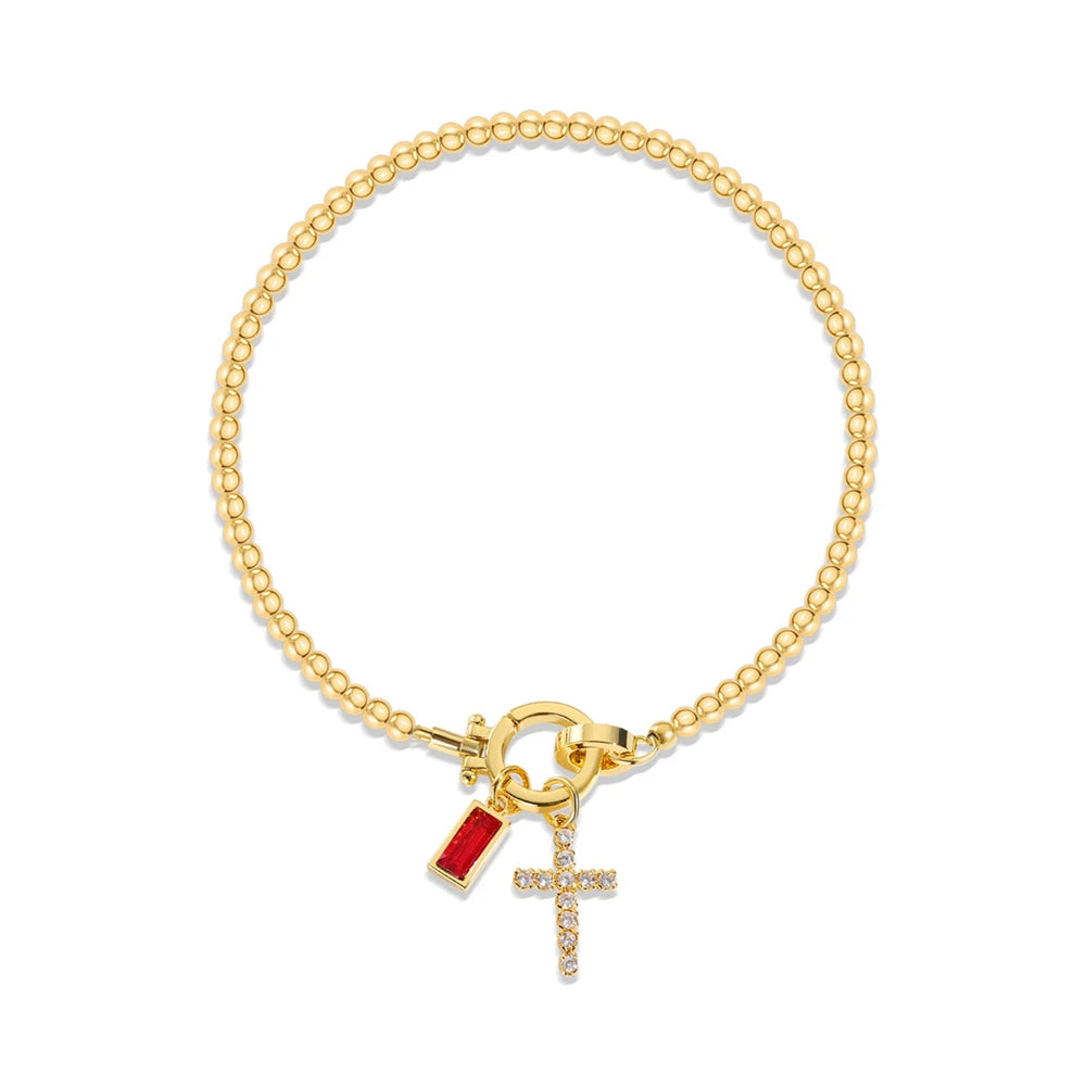 Vintage Cross Birthstone Charm Bracelet — 18K Gold Plated