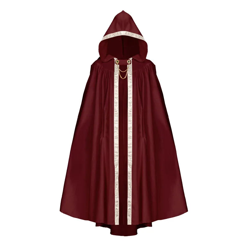 Premium Unisex Medieval Hooded Elven Cloak – Royal Embroidered Velvet Trim Cape with Jeweled Brooch