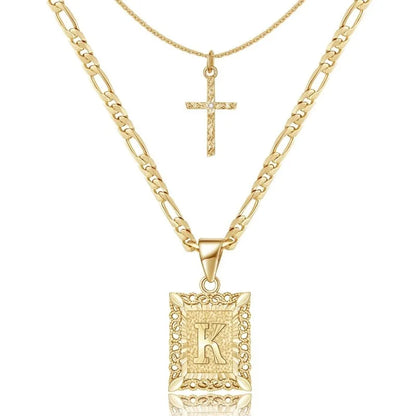 Layered Initial & Cross Necklace Set