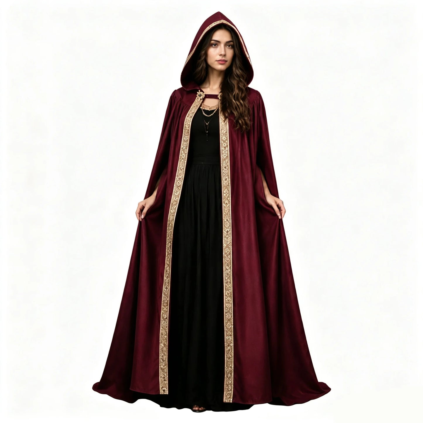 Premium Unisex Medieval Hooded Elven Cloak – Royal Embroidered Velvet Trim Cape with Jeweled Brooch