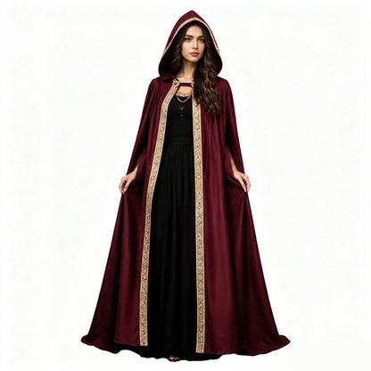 Premium Unisex Medieval Hooded Elven Cloak – Royal Embroidered Velvet Trim Cape with Jeweled Brooch