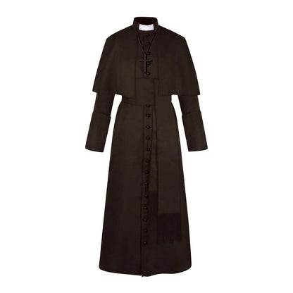 Men's Traditional Roman Catholic Clergy Cassock Robe Set – Complete Liturgical Vestment with Shoulder Cape, Cincture Belt, and Cross Pendant