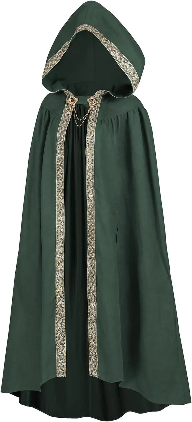 Premium Unisex Medieval Hooded Elven Cloak – Royal Embroidered Velvet Trim Cape with Jeweled Brooch