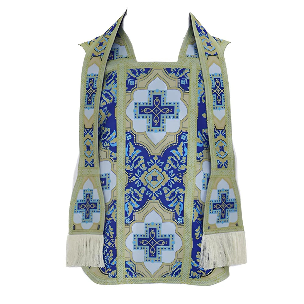 Men's Traditional Roman Catholic Chasuble Vestment – Printed Orphrey Mass Gown with Matching Stole