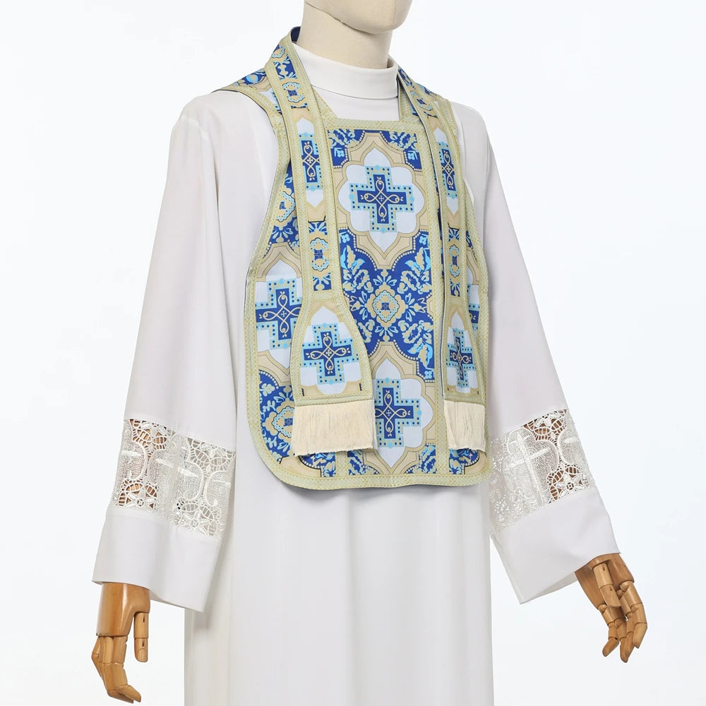 Men's Traditional Roman Catholic Chasuble Vestment – Printed Orphrey Mass Gown with Matching Stole