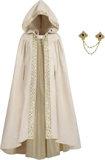 Premium Unisex Medieval Hooded Elven Cloak – Royal Embroidered Velvet Trim Cape with Jeweled Brooch