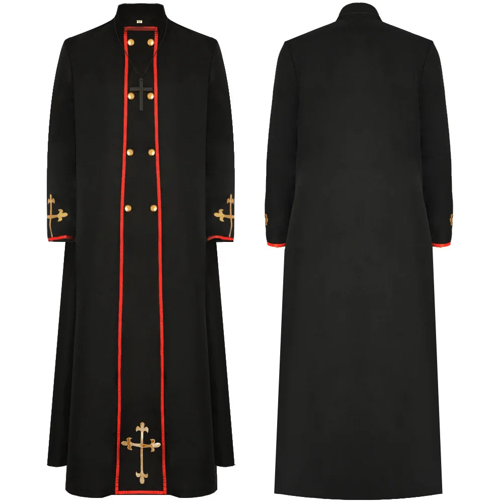 Men's Medieval Liturgical Cassock Cloak – Premium Embroidered Clergy Vestment Trench Coat