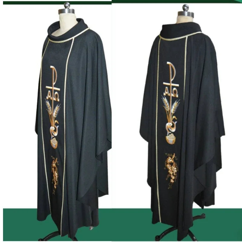 Premium Men's Gothic Chasuble Vestment – Woven Liturgical Priest Mass Gown with Chi-Rho Alpha Omega Panel