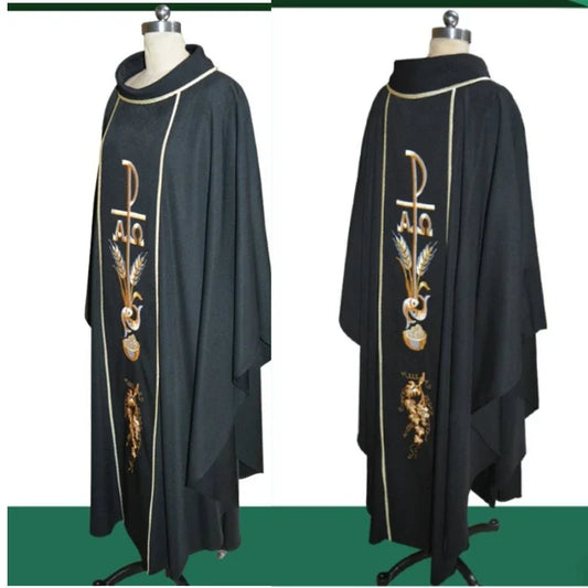 Premium Men's Gothic Chasuble Vestment – Woven Liturgical Priest Mass Gown with Chi-Rho Alpha Omega Panel