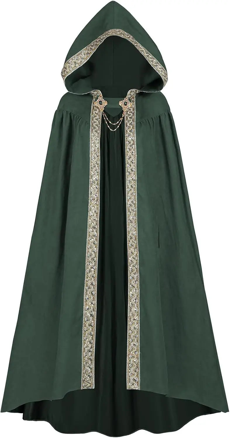 Premium Unisex Medieval Hooded Elven Cloak – Royal Embroidered Velvet Trim Cape with Jeweled Brooch