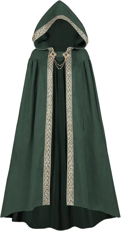 Premium Unisex Medieval Hooded Elven Cloak – Royal Embroidered Velvet Trim Cape with Jeweled Brooch