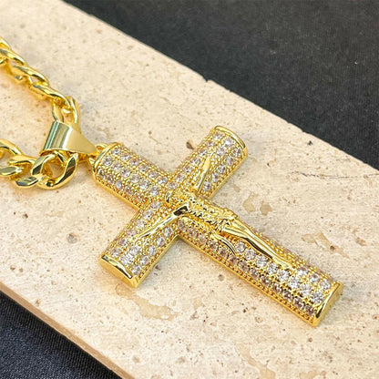 Gold-Plated Cross Necklace for Men Advanced Nanotech Tarnish-Free Cuban Figaro Rope Miami Chains with Jesus Crucifix Pendant