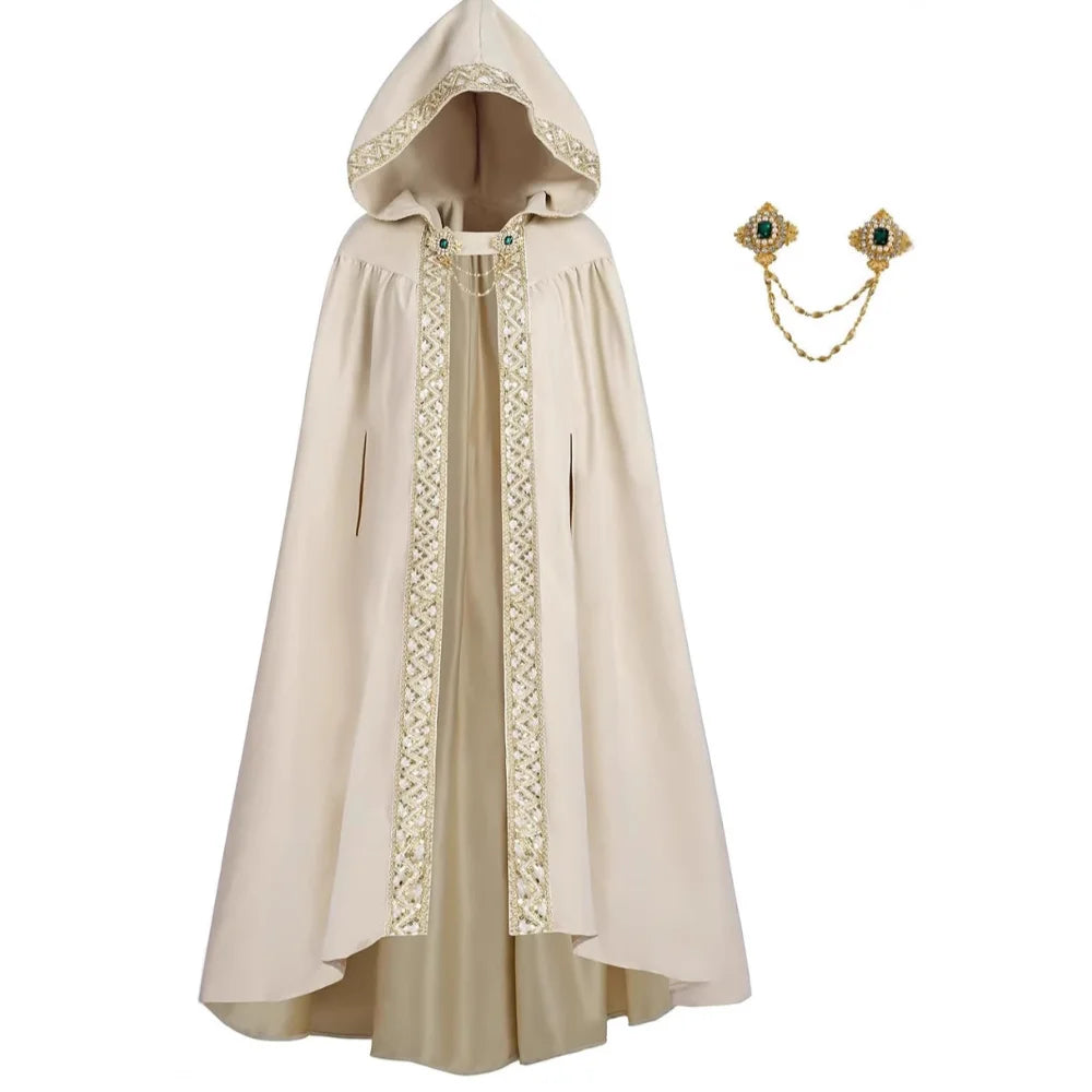 Premium Unisex Medieval Hooded Elven Cloak – Royal Embroidered Velvet Trim Cape with Jeweled Brooch