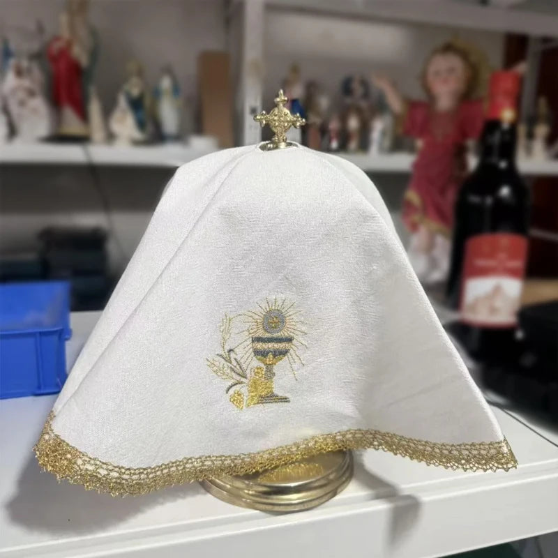 Sacred Embroidered Chalice Veil and Paten Cover – Liturgical Altar Vessel Cloth with Cross Finial