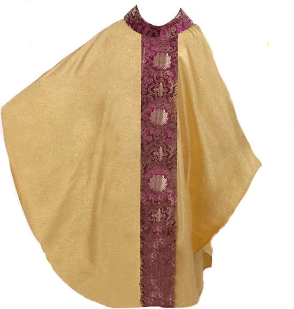 Premium Men's Gothic Chasuble Vestment Set – Metallic Jacquard Mass Gown with Cowl Neck and Fringed Stole