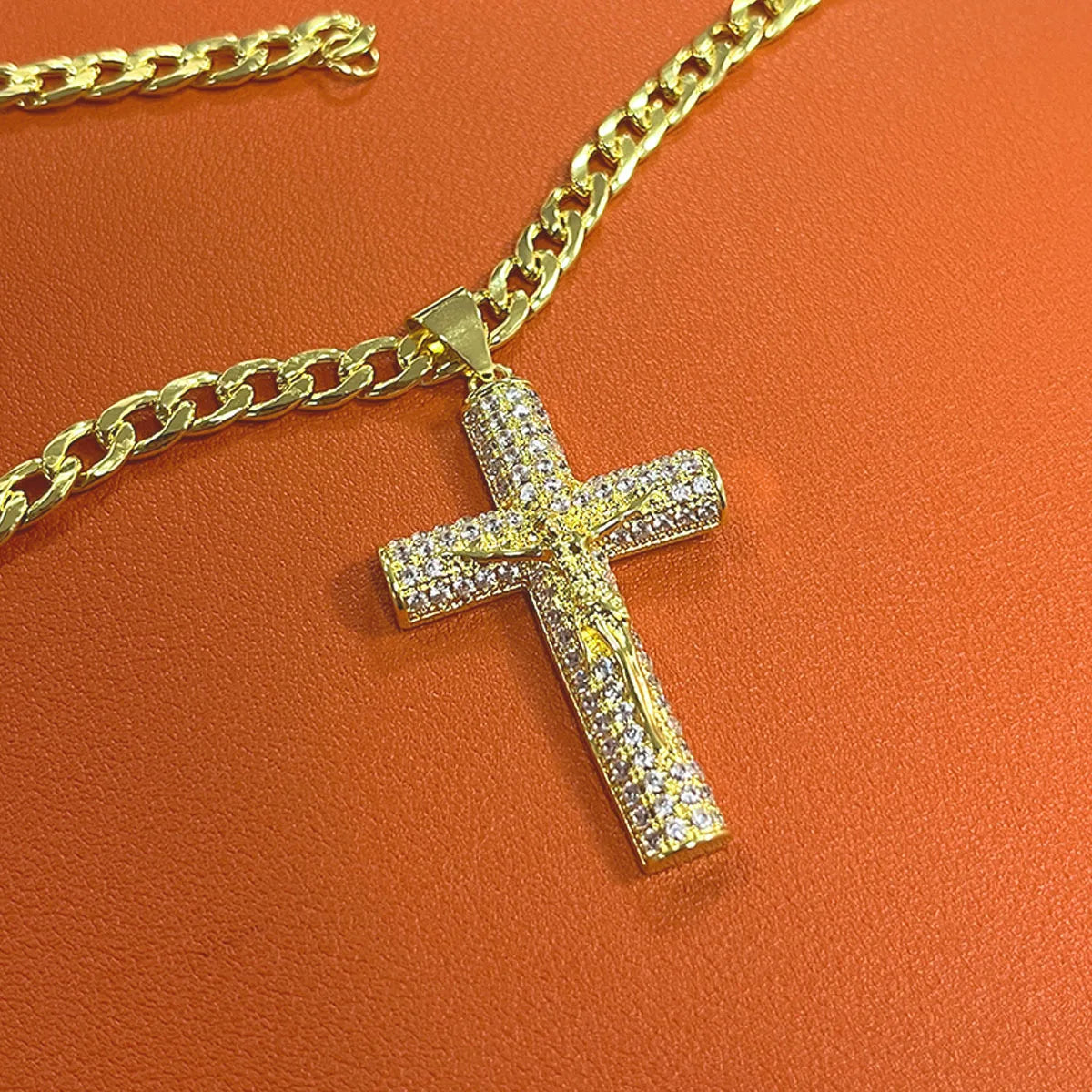 Gold-Plated Cross Necklace for Men Advanced Nanotech Tarnish-Free Cuban Figaro Rope Miami Chains with Jesus Crucifix Pendant