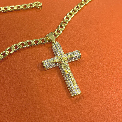 Gold-Plated Cross Necklace for Men Advanced Nanotech Tarnish-Free Cuban Figaro Rope Miami Chains with Jesus Crucifix Pendant
