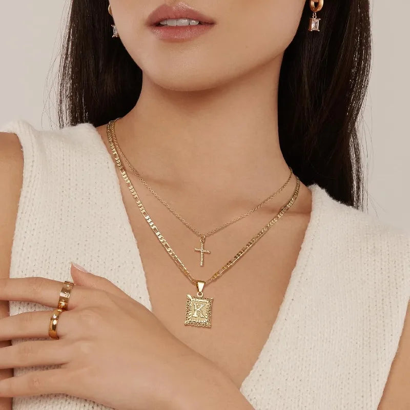 Layered Initial & Cross Necklace Set