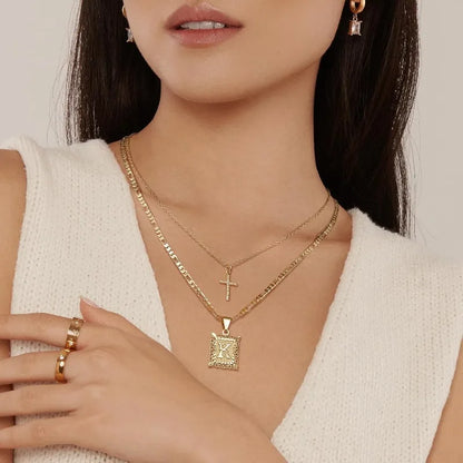 Layered Initial & Cross Necklace Set