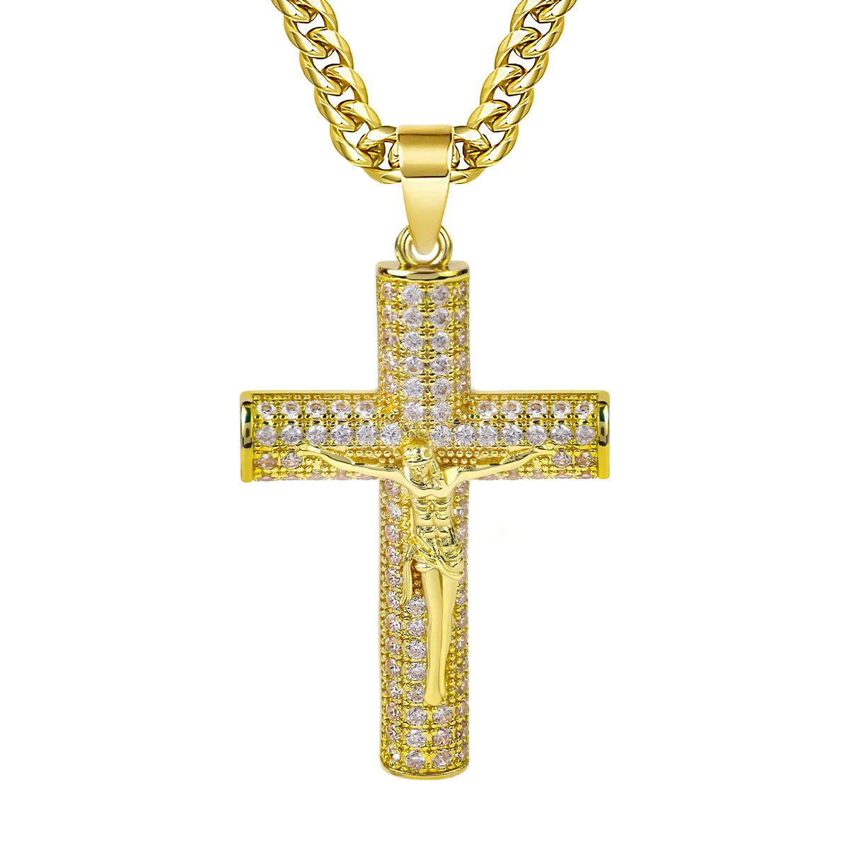 Gold-Plated Cross Necklace for Men Advanced Nanotech Tarnish-Free Cuban Figaro Rope Miami Chains with Jesus Crucifix Pendant