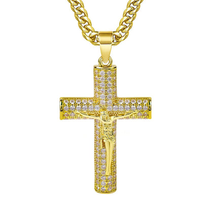 Gold-Plated Cross Necklace for Men Advanced Nanotech Tarnish-Free Cuban Figaro Rope Miami Chains with Jesus Crucifix Pendant
